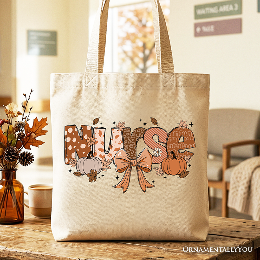 White nurse coquette tote bag with cozy fall pumpkin design, perfect for nurses during autumn.