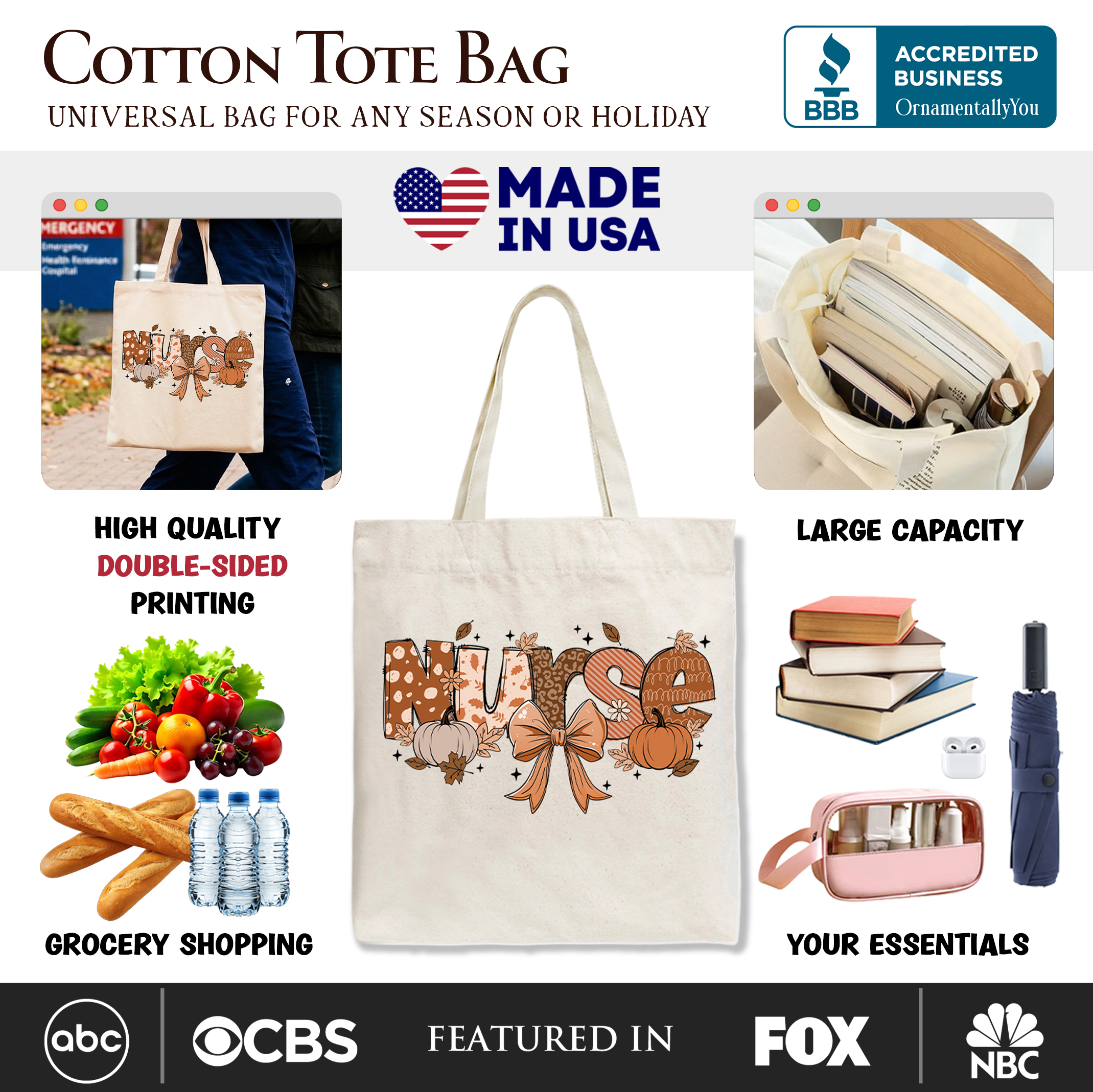 White nurse coquette autumn tote bag by OrnamentallyYou featuring cozy fall pumpkins, perfect for nurses during autumn.
