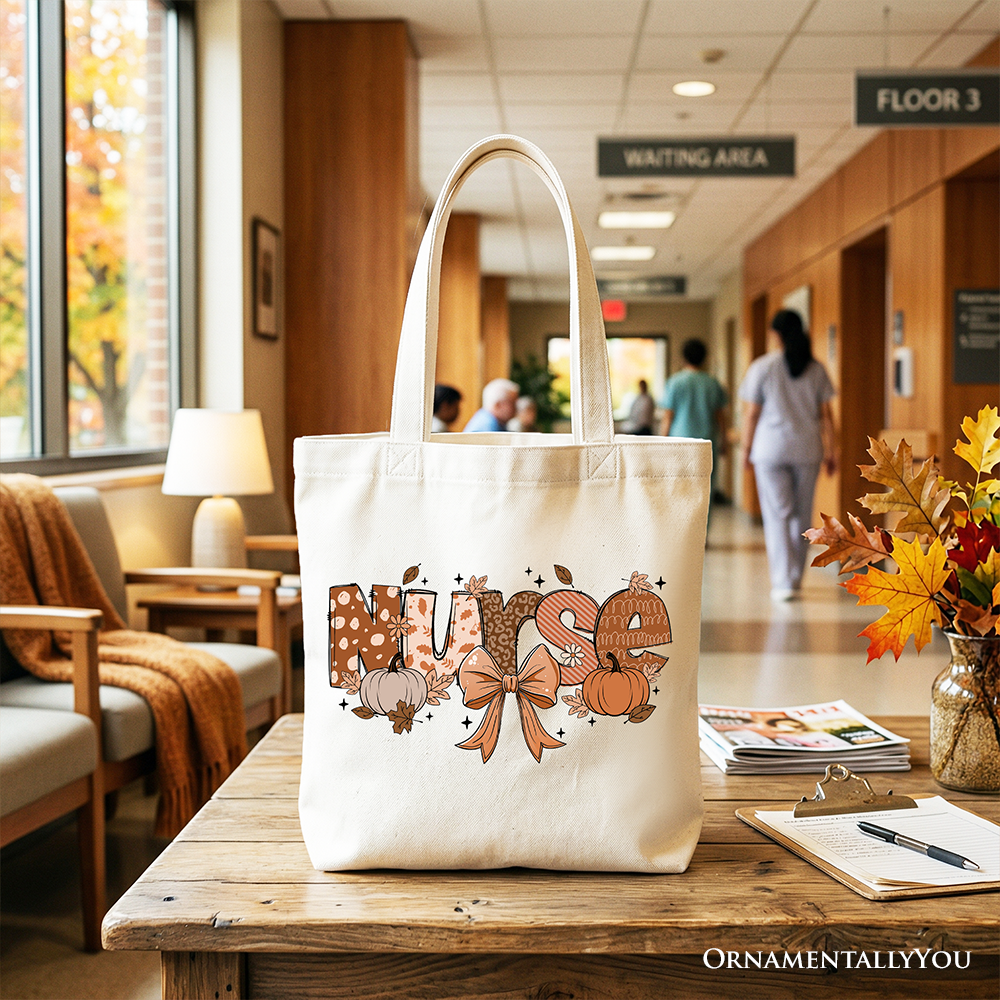 White Nurse Coquette Autumn Tote Bag by OrnamentallyYou featuring cozy fall pumpkins and autumn-themed design for nurses.