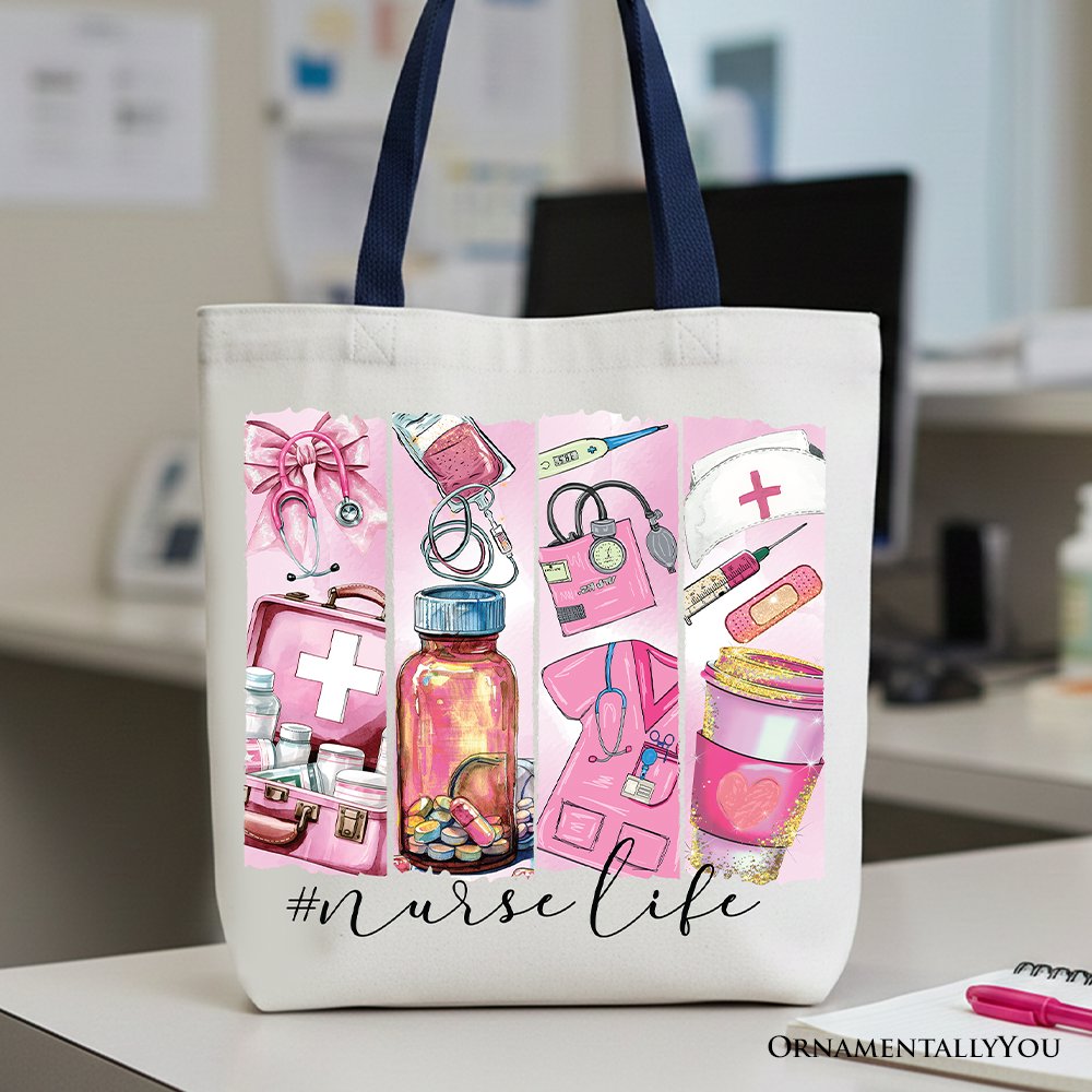 White Nurse Life canvas tote bag with medical essentials design, perfect gift for coquette nurses, by OrnamentallyYou.