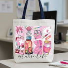 White Nurse Life canvas tote bag with medical essentials design, perfect gift for coquette nurses, by OrnamentallyYou.