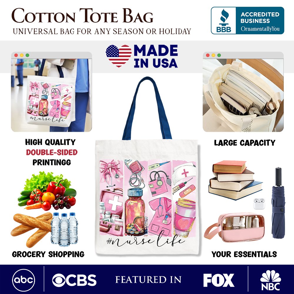 White Nurse Life canvas tote bag with medical essentials design, perfect gift for coquette nurses, by OrnamentallyYou.