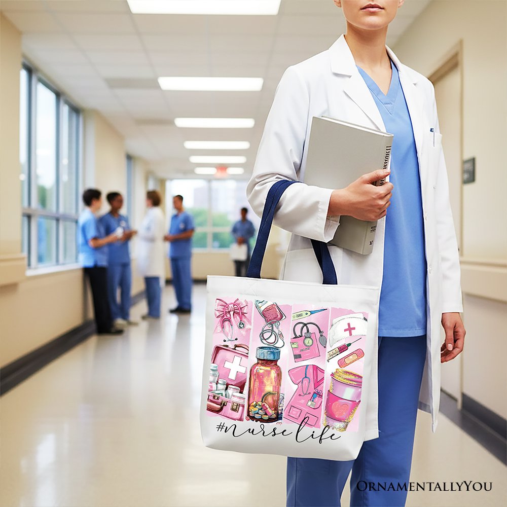 White Nurse Life canvas tote bag by OrnamentallyYou with medical essentials design, perfect for coquette nurses.