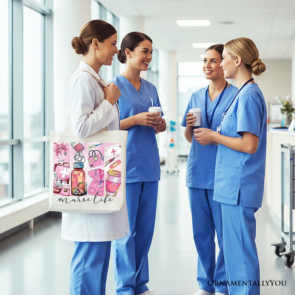 White Nurse Life canvas tote bag by OrnamentallyYou featuring medical essentials design, perfect for coquette nurses.