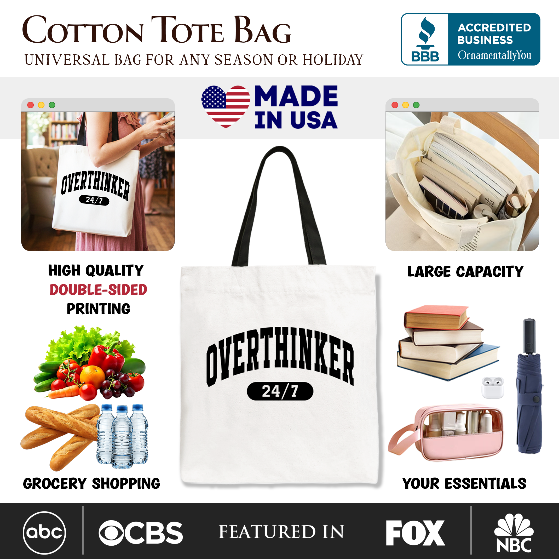 White OrnamentallyYou Over Thinker 24/7 tote bag with minimalist design, ideal for college students and tired women.