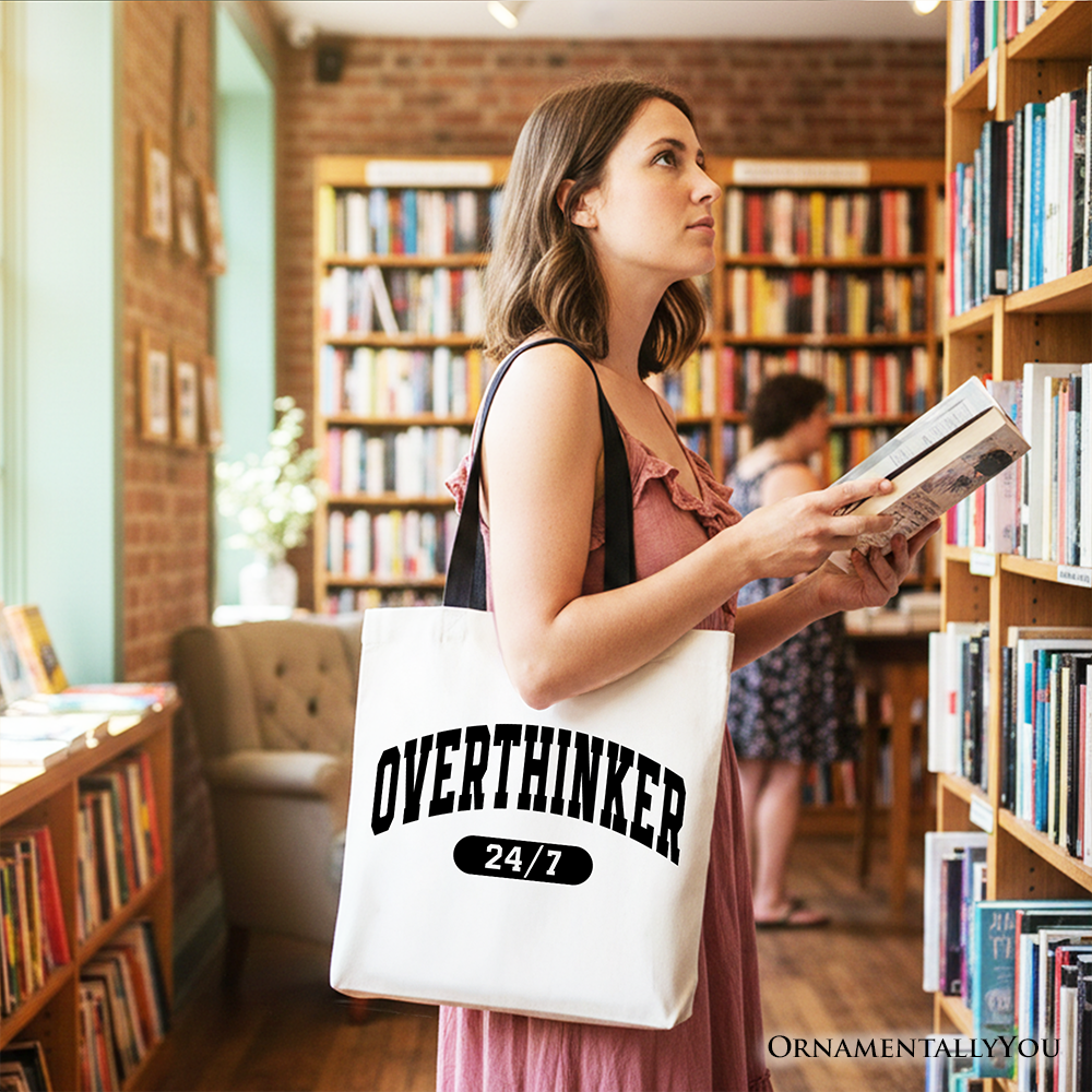 White OrnamentallyYou Over Thinker 24/7 tote bag with minimalist design, ideal for tired women and collegiate gift shoppers.