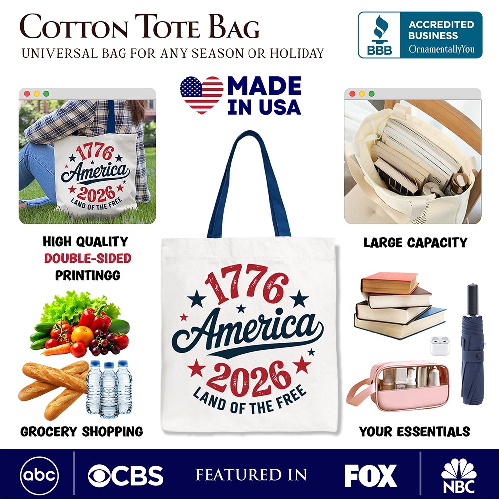 White canvas tote bag featuring patriotic America 1776-2026 design, perfect for Independence Day celebrations.