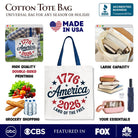 White canvas tote bag featuring patriotic America 1776-2026 design, perfect for Independence Day celebrations.