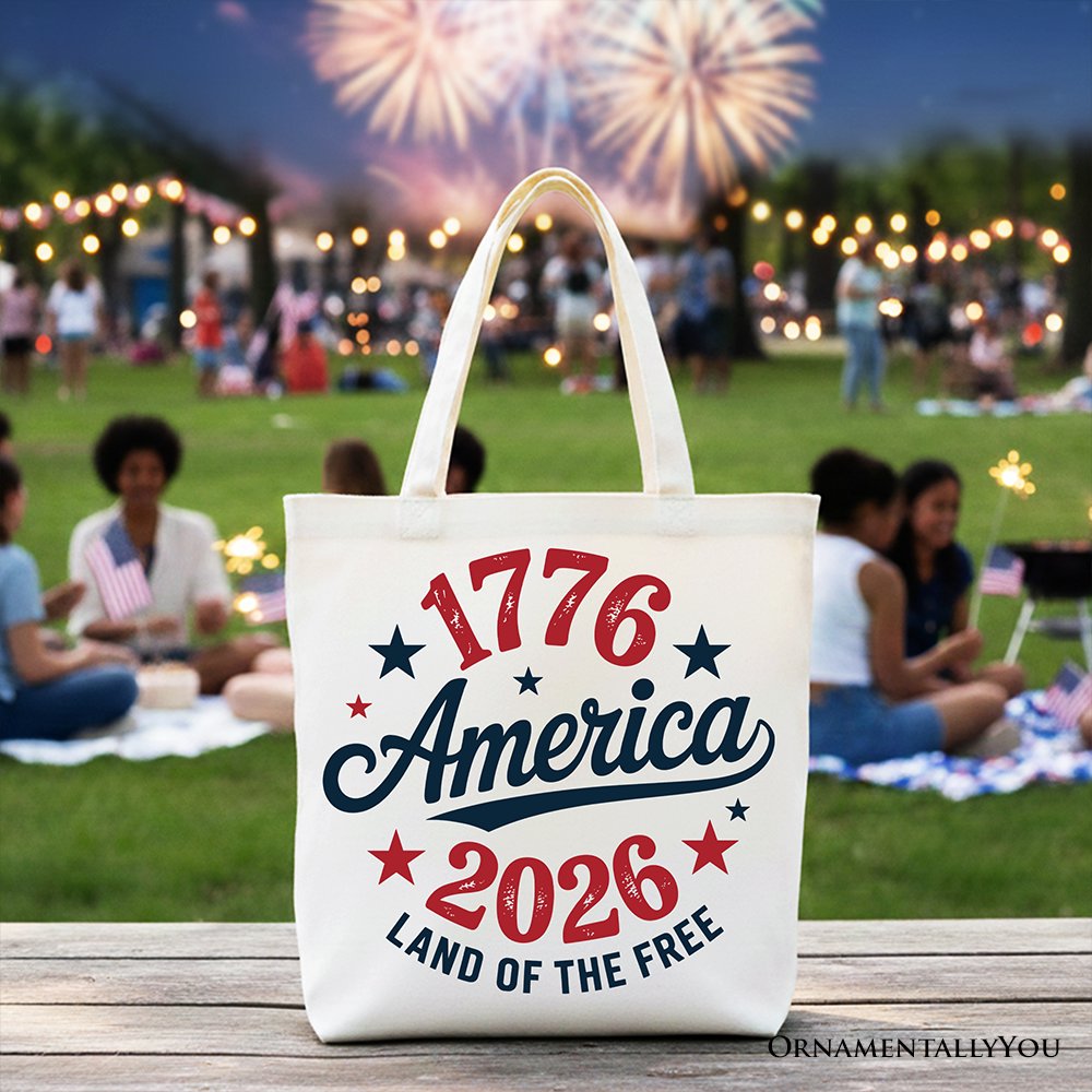 White patriotic canvas tote bag with 1776-2026 Land of the Free design, celebrating America's 250 years of independence.