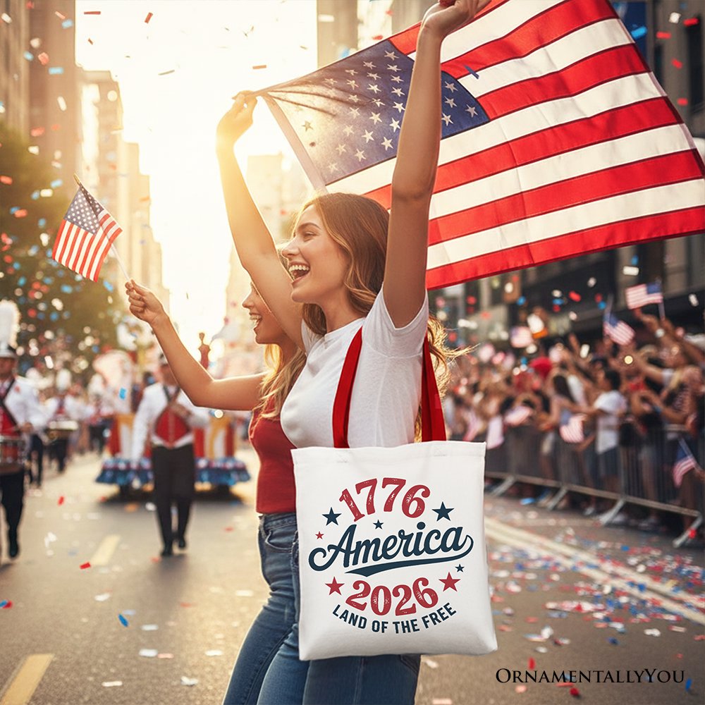White canvas tote bag featuring patriotic America 1776-2026 Land of the Free design, celebrating 250 years of independence.