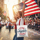 White canvas tote bag featuring patriotic America 1776-2026 Land of the Free design, celebrating 250 years of independence.