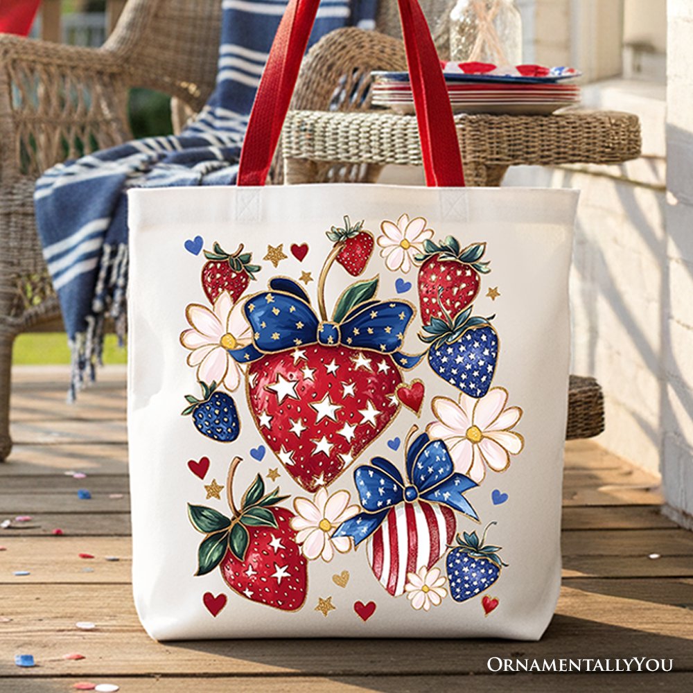 White canvas tote bag with patriotic boho strawberries bouquet patch, festive 4th of July design by OrnamentallyYou.