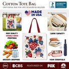 White tote bag with patriotic boho strawberries bouquet design, festive patch, made by OrnamentallyYou, perfect for 4th of July celebrations.