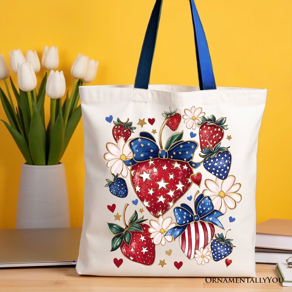 White Patriotic Boho Strawberries Bouquet canvas tote bag with 4th of July festive patch, stylish and durable for summer celebrations.