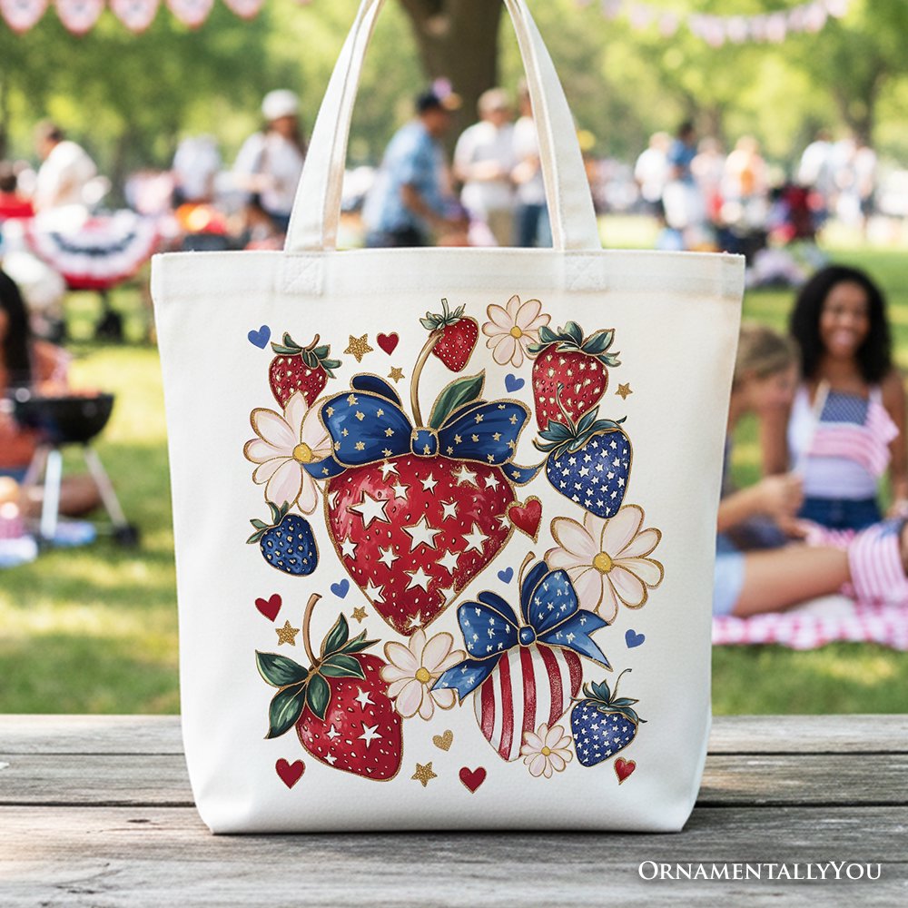 White patriotic canvas tote bag with boho strawberries bouquet and 4th of July festive patch, by OrnamentallyYou.