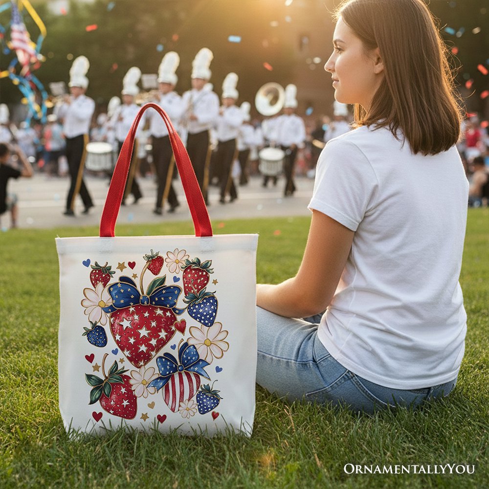 White patriotic tote bag with boho strawberries bouquet design, crafted by OrnamentallyYou for 4th of July festive occasions.
