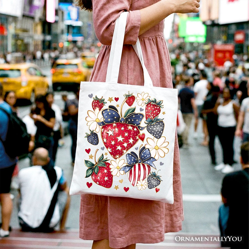 Patriotic boho strawberries bouquet canvas tote bag with 4th of July festive patch, white background, stylish and durable tote bag.