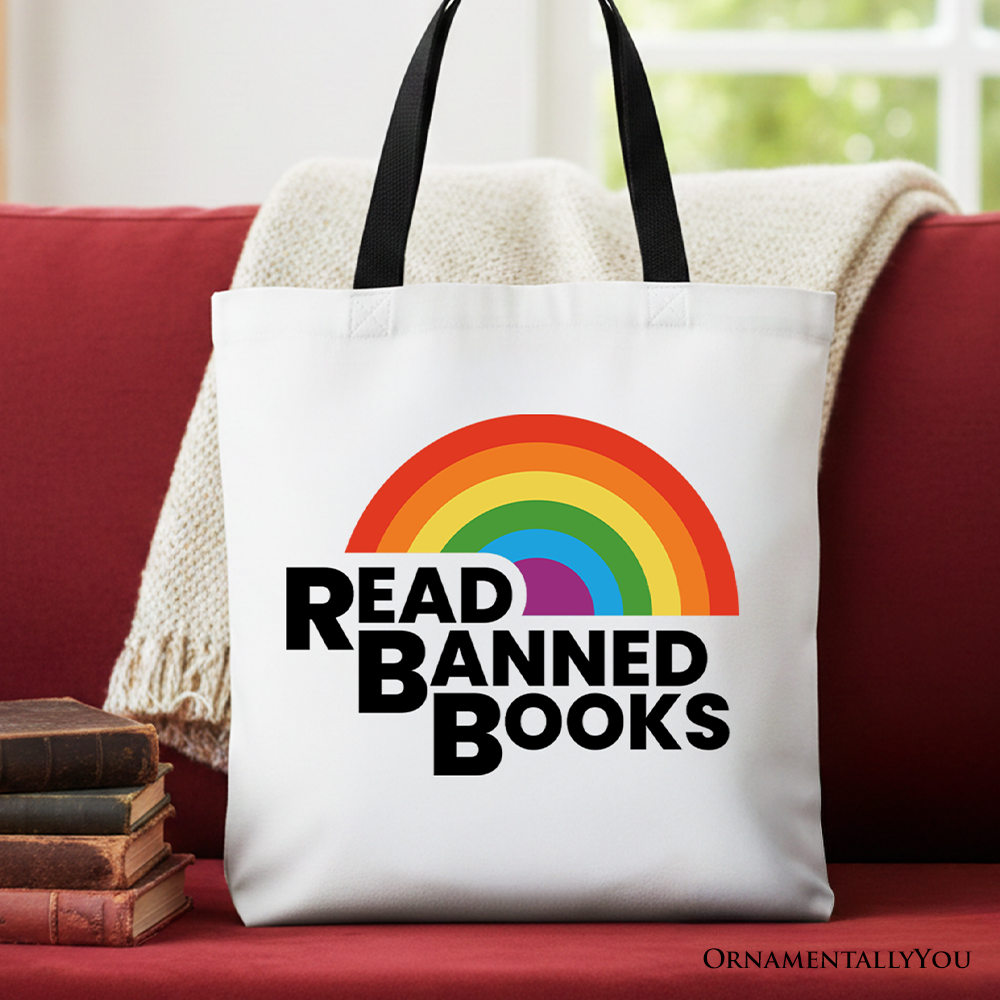 White canvas tote bag featuring a rainbow design with "Read Banned Books" slogan, perfect for book lovers and shoppers.