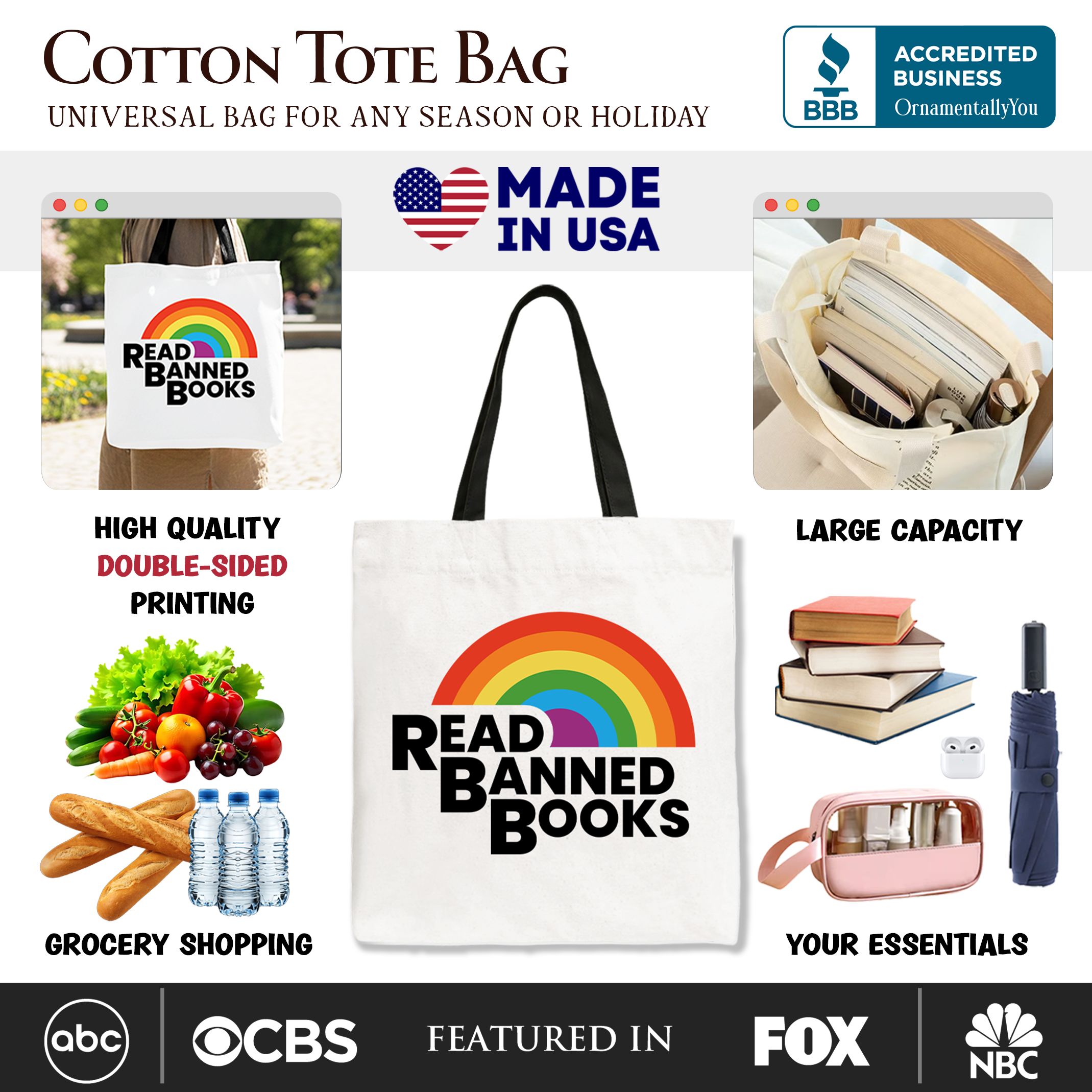 White canvas tote bag featuring colorful rainbow design with "Read Banned Books" text, ideal for book lovers and shoppers.