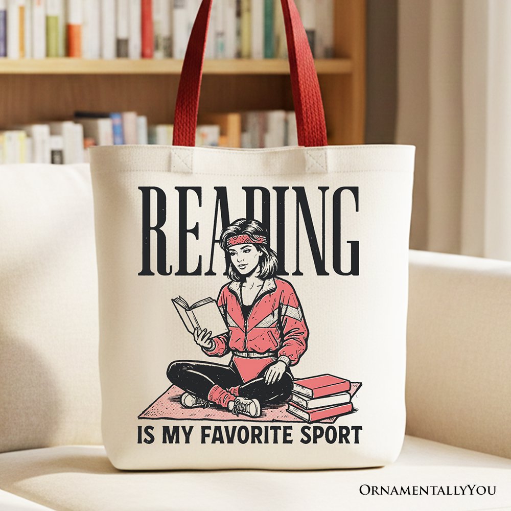 White canvas tote bag with "Reading Is My Favorite Sport" bookworm design, perfect for bibliophiles and book lovers.