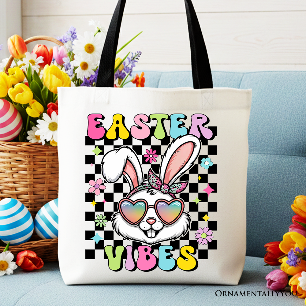White Retro Easter Bunny sunglasses tote bag by OrnamentallyYou featuring groovy checkered design, perfect as a gift shopper.