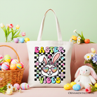 White Retro Easter Bunny sunglasses tote bag by OrnamentallyYou featuring groovy checkered design and playful Easter-themed style.