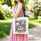 White retro Easter Bunny sunglasses tote bag by OrnamentallyYou featuring groovy checkered design for shopping or gift use.