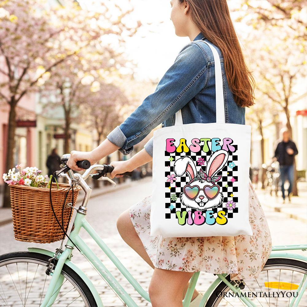 Retro Easter Bunny sunglasses tote bag by OrnamentallyYou featuring groovy checkered design and playful holiday theme.