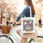 Retro Easter Bunny sunglasses tote bag by OrnamentallyYou featuring groovy checkered design and playful holiday theme.