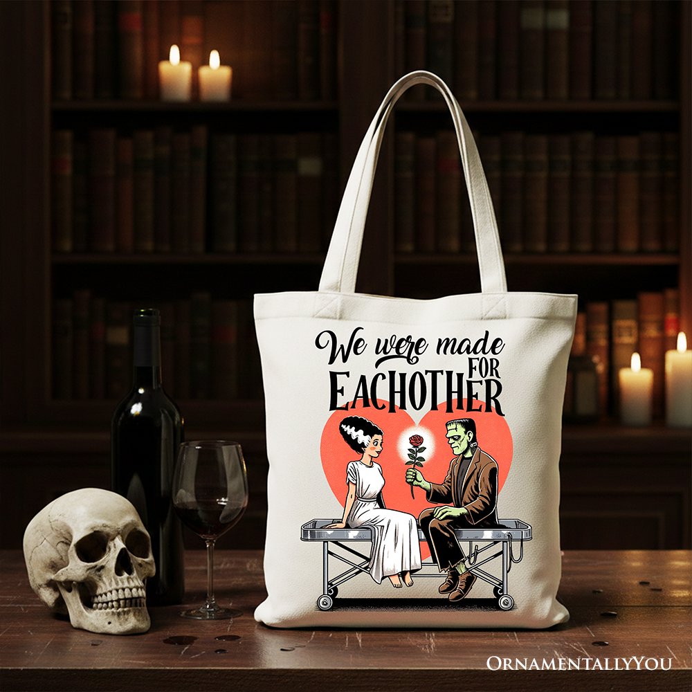 Romantic Frankenstein and Bride canvas tote bag by OrnamentallyYou, featuring spooky couple design, perfect gift for Halloween lovers.