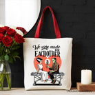 Romantic Frankenstein and Bride canvas tote bag by OrnamentallyYou, featuring spooky couple design, perfect for gift-giving.