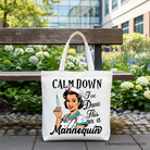 White Sassy Nursing School Tote Bag by OrnamentallyYou with humorous "Calm Down, I’ve Done This" slogan on the front.