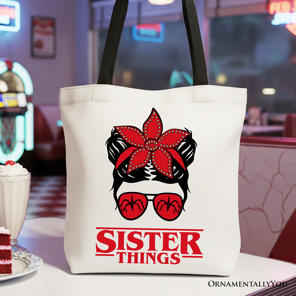 OrnamentallyYou Sister Things messy bun retro canvas tote bag with red bandana glasses design, perfect for family matching gift shoppers.