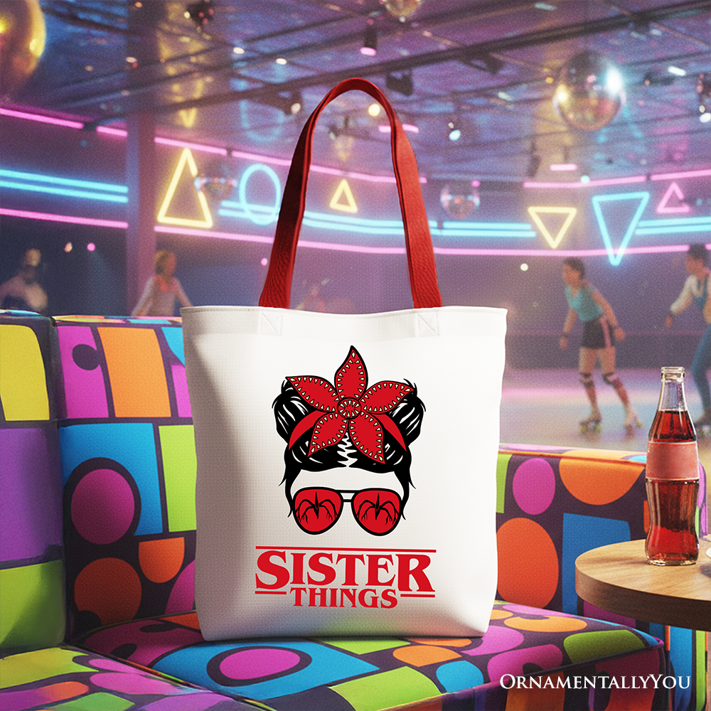 OrnamentallyYou Sister Things messy bun retro canvas tote bag with red bandana glasses design for family matching gift.