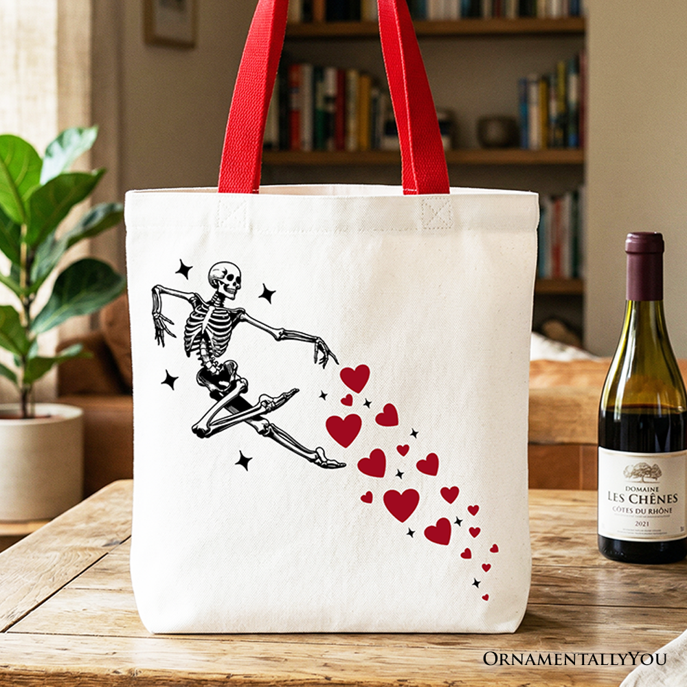 White Skeleton Hearts Valentine Tote Bag by OrnamentallyYou, playful and funny gift shopper with skeleton and heart design.