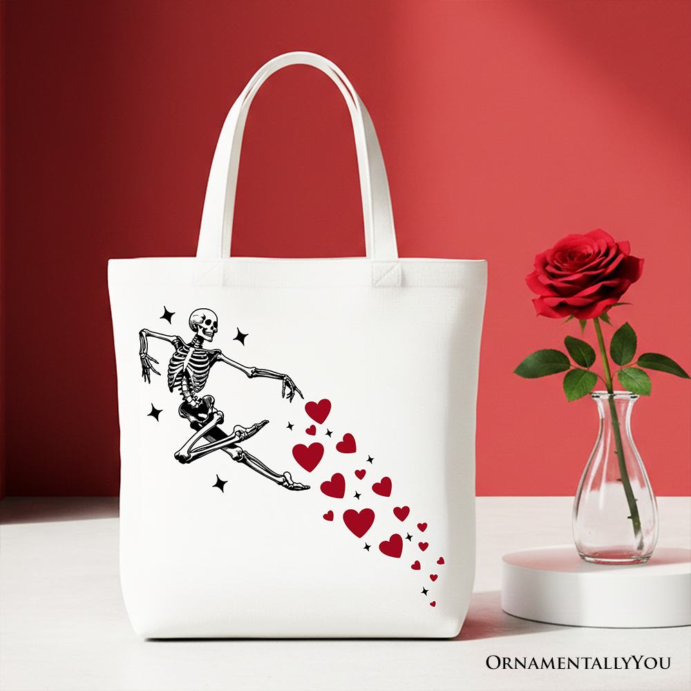 White Skeleton Hearts Valentine Tote Bag by OrnamentallyYou featuring playful skeleton heart design for fun gift shopping.