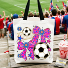 OrnamentallyYou pink bow tote bag with soccer design, perfect for preppy game day or shopping accessories.