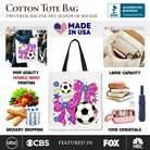 OrnamentallyYou pink bow tote bag with soccer-themed design, perfect for preppy game day or casual shopper style.