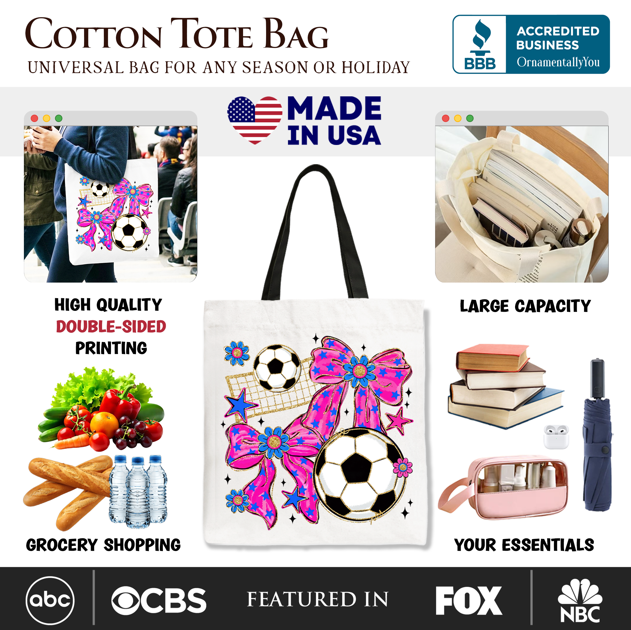 OrnamentallyYou pink bow tote bag with soccer-themed design, perfect for preppy game day or casual shopper style.
