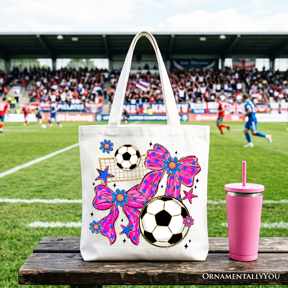 OrnamentallyYou pink bow tote bag with soccer-themed design, perfect for game day or casual shopping accessories.
