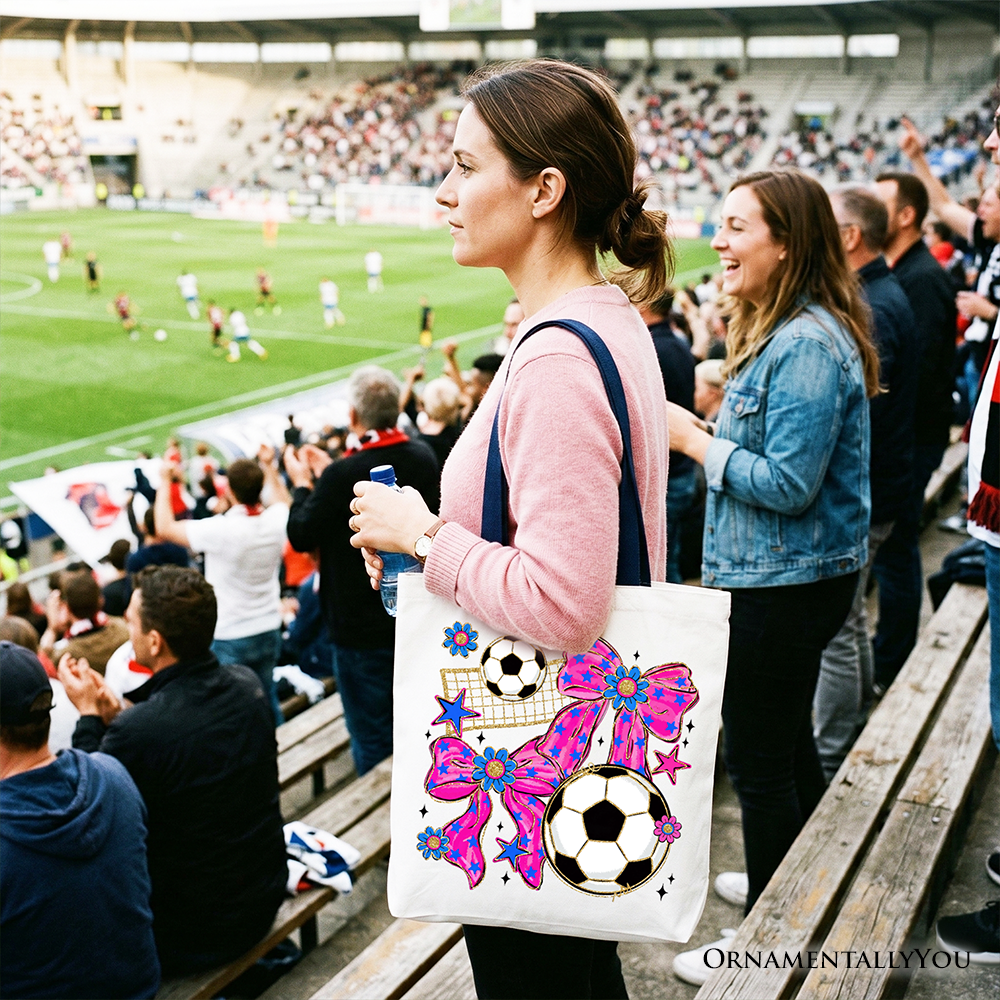 OrnamentallyYou pink bow tote bag with soccer Coquette design, perfect for preppy game day or gift shopping.