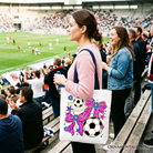 OrnamentallyYou pink bow tote bag with soccer Coquette design, perfect for preppy game day or gift shopping.