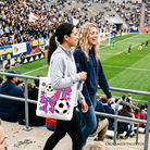 OrnamentallyYou pink bow tote bag with soccer coquette design, perfect preppy game day gift shopper accessory.