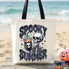White spooky summer skeleton tote bag with snarky Halloween design, perfect for coffee lovers and horror fans.