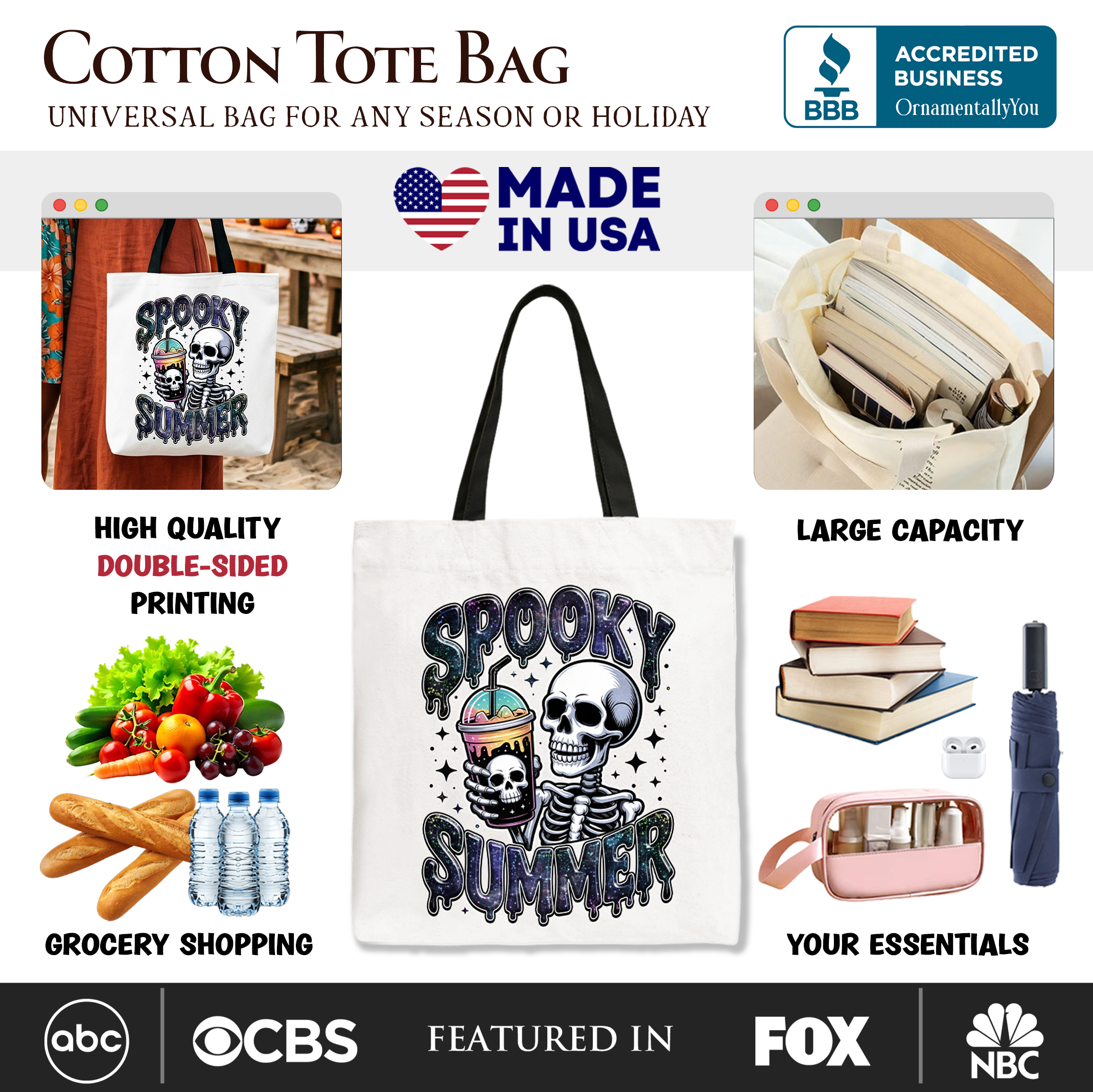White spooky summer skeleton tote bag with humorous Halloween design, perfect for coffee and horror fans.