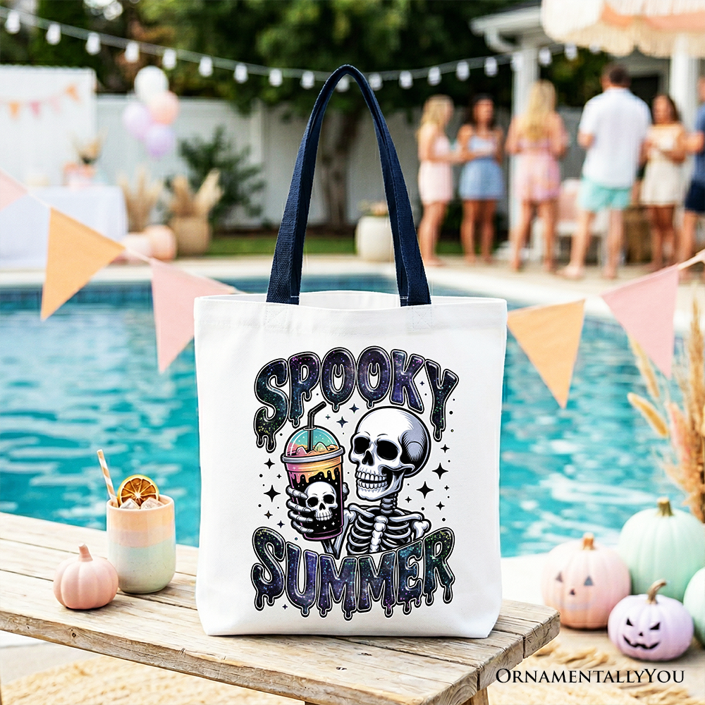 White spooky summer skeleton tote bag with snarky Halloween design, perfect for coffee lovers and horror fans.