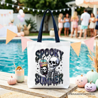 White spooky summer skeleton tote bag with snarky Halloween design, perfect for coffee lovers and horror fans.