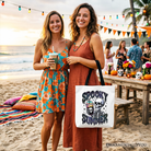 White spooky summer skeleton tote bag by OrnamentallyYou featuring a humorous skeleton design, perfect for Halloween and horror fans.