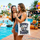White spooky summer skeleton tote bag with snarky Halloween design, perfect for coffee and horror fans.