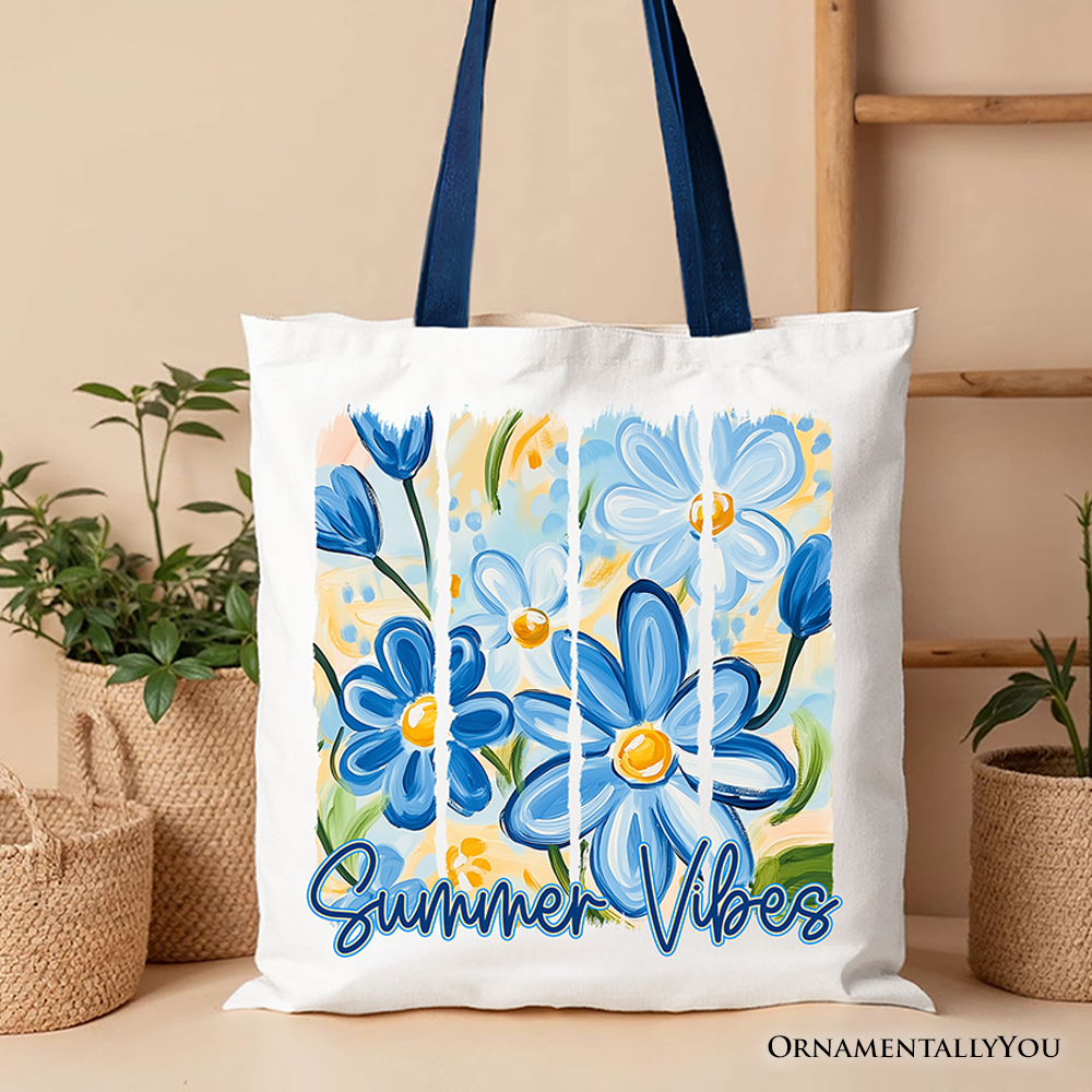 White tote bag with colorful brushstroke flower design, Summer Vibes aesthetic gift shopper by OrnamentallyYou.
